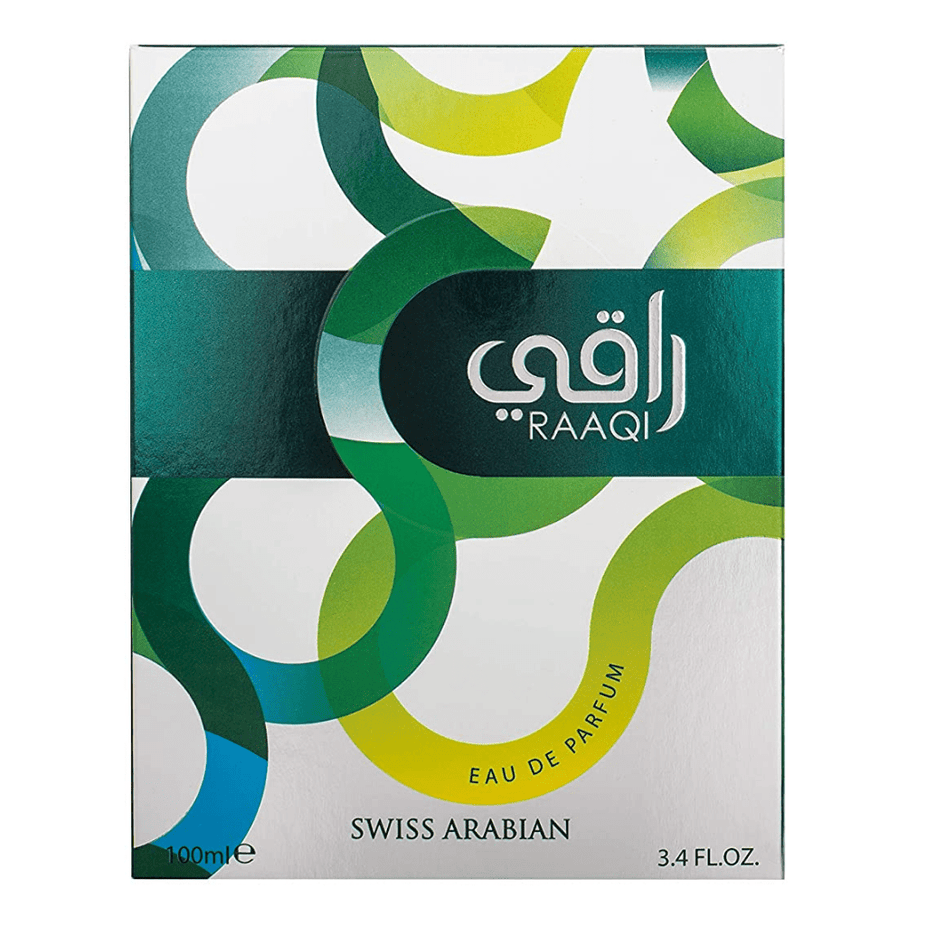 Swiss Arabian Raaqi EDP Eau De Parfum 100ml bottle with elegant packaging and fragrance details.