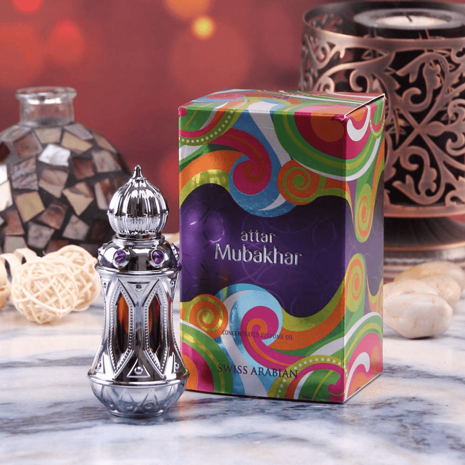 Swiss Arabian Attar Mubakhar perfume oil in a 20ml bottle, concentrated perfume oil with elegant packaging and design.