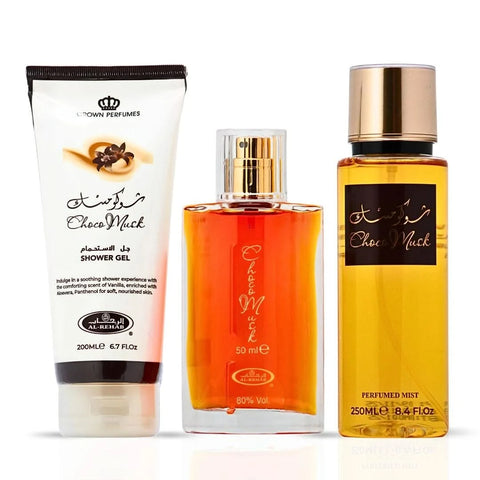 Al Rehab Choco Musk perfume gift set with three elegant perfume bottles displayed together in a luxurious box.