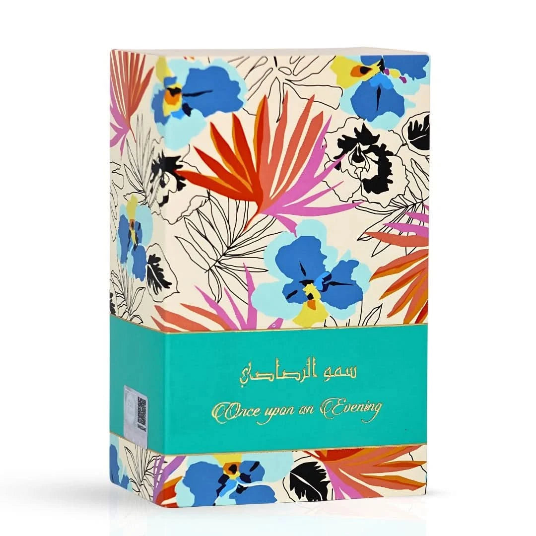 Rasasi Somow Al Rasasi Once Upon an Evening Eau de Parfum spray bottle, 100ml, with elegant packaging and perfume cap.