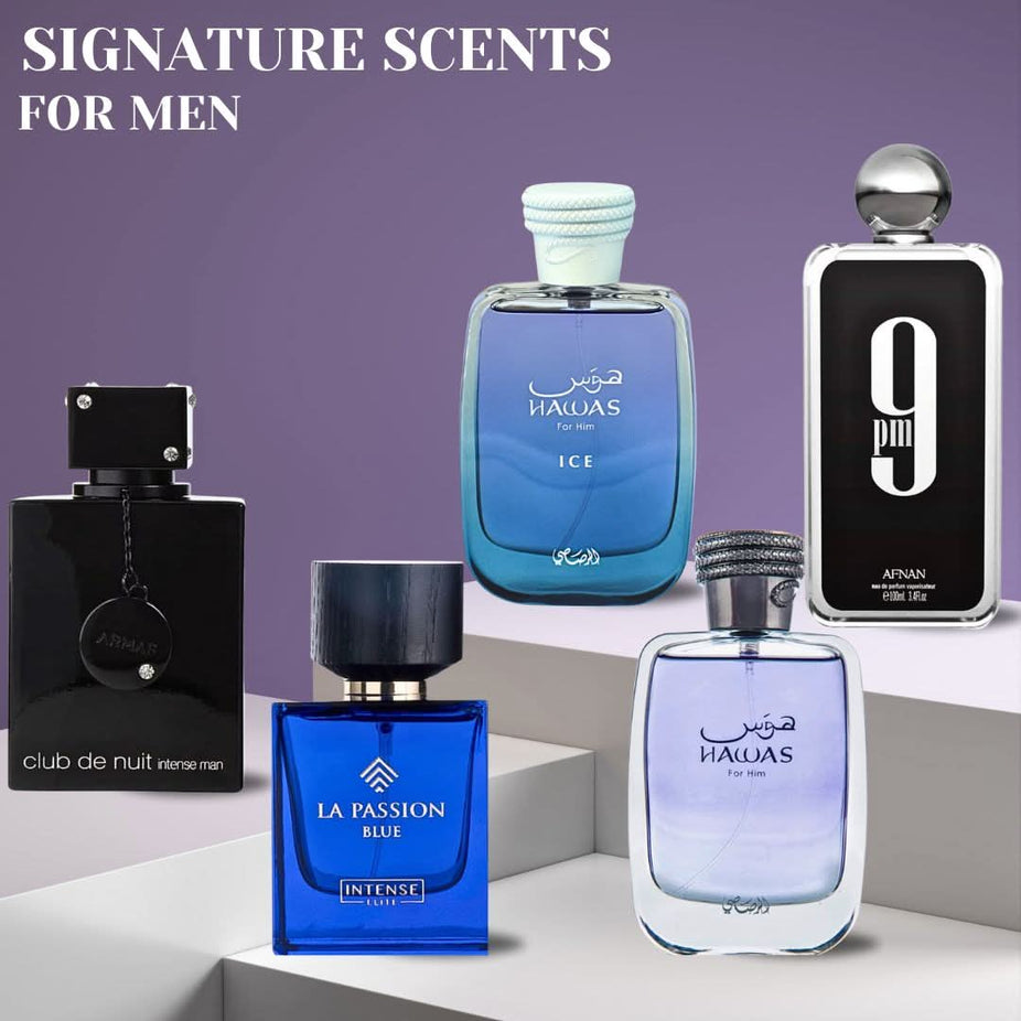 Intense Oud Hawas Men Eau De Parfum spray with Hawas Ice, 9PM, Club De Nuit Intense, and La Passion Blue bottles for men.