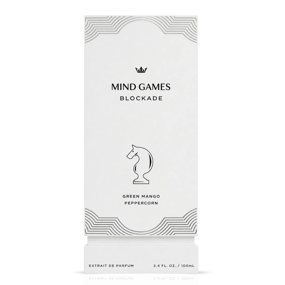 Mind Games Blockade Extrait de Parfum 100ml EDP bottle with elegant black cap and minimalist label, showcasing a sleek dark glass design.