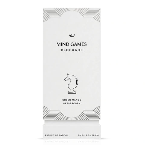 Mind Games Blockade Extrait de Parfum 100ml EDP bottle with elegant black cap and minimalist label, showcasing a sleek dark glass design.