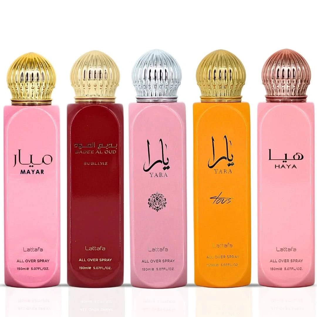 Lattafa Yara, Mayar, Haya, Yara Tous & Bade'e Al Oud Sublime all-over spray bundle, featuring 150ml bottles with colorful packaging.