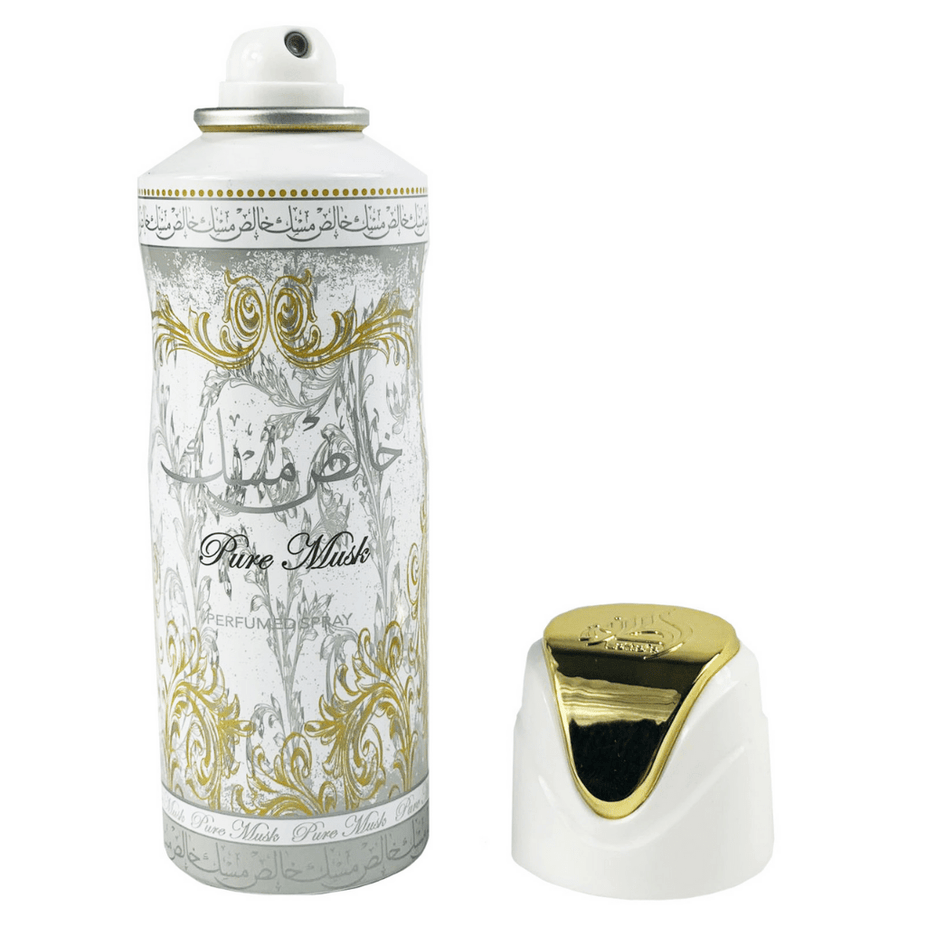 Lattafa Pure Musk deodorant bottle, 200ML, with sleek design and clear label, showcasing the fragrance and brand details.