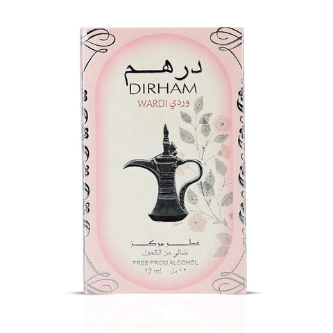 Dirham Wardi CPO concentrated perfume oil by Ard Al Zaafaran, 12ml bottle with floral scent and elegant packaging.