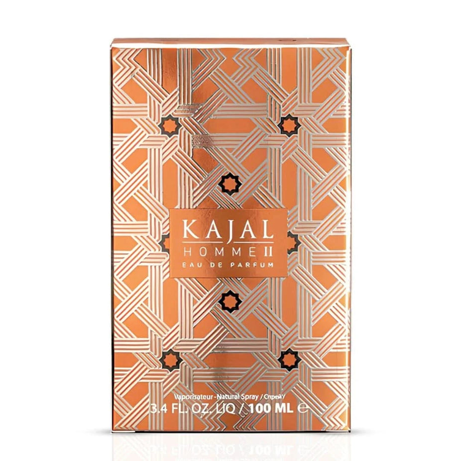 Kajal Homme II Eau de Parfum spray 100ml bottle with sleek black design, showcasing the Kajal brand and elegant packaging.
