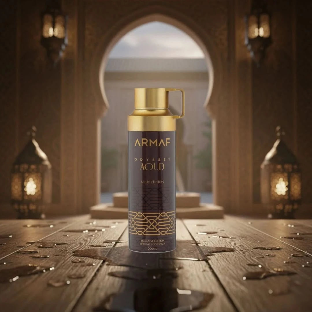Odyssey Aoud deodorant spray by Armaf, 200ml, featuring a sleek bottle with the fragrance label and spray nozzle.