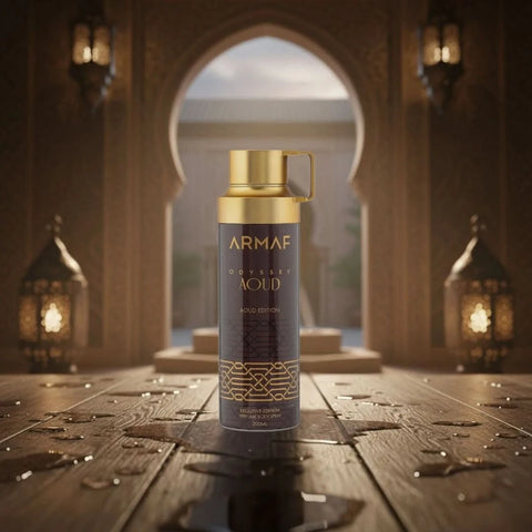 Odyssey Aoud deodorant spray by Armaf, 200ml, featuring a sleek bottle with the fragrance label and spray nozzle.