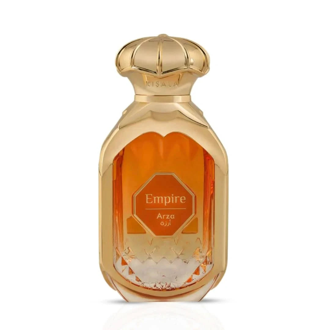 Empire Arza Eau de Parfum Spray by RISALA, 100ml, elegant glass bottle with gold accents, displayed with a velvet pouch.