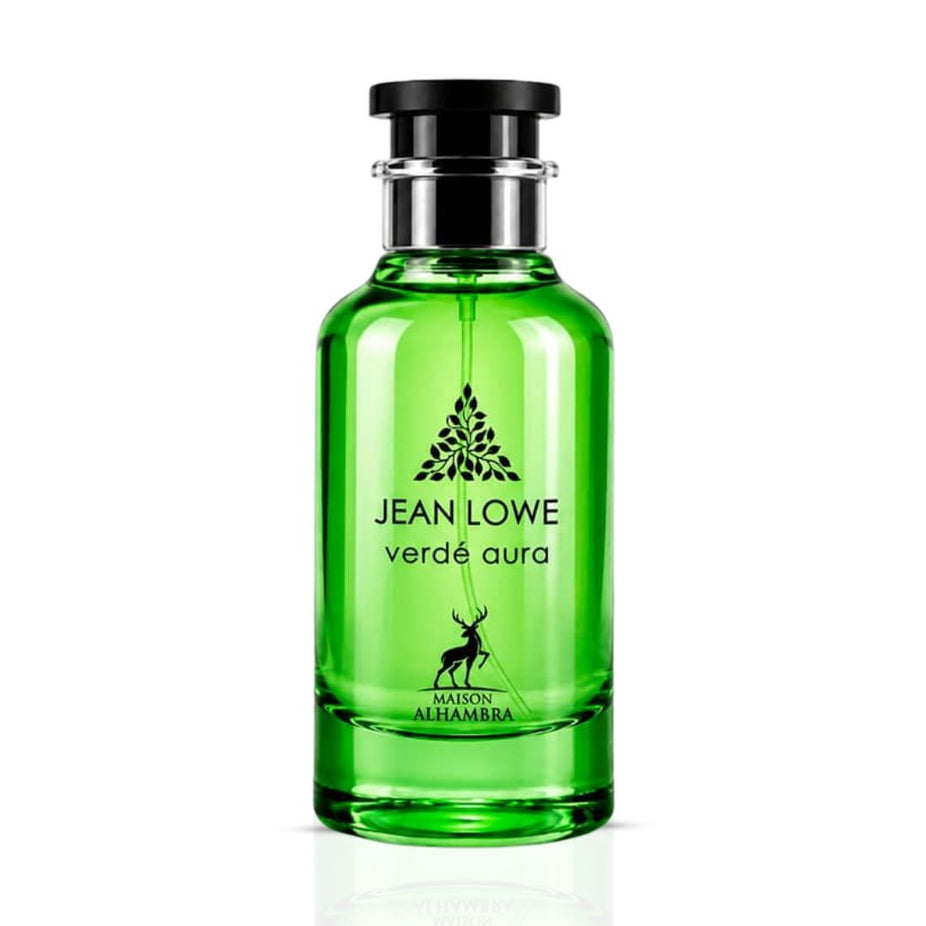 Maison Alhambra Jean Lowe Verde Aura Eau de Parfum spray 100ml with elegant bottle and vibrant green accents.