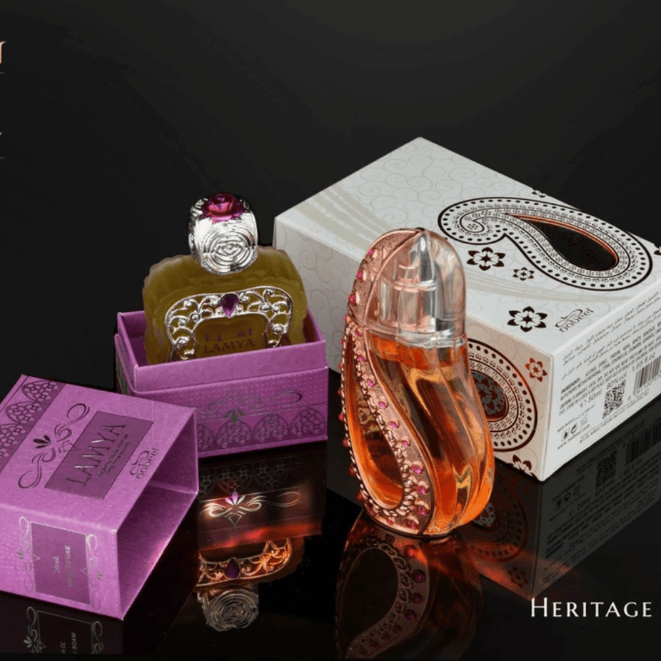 Nabeel Tajebni perfume oil in 20ml bottle, concentrated perfume oil with elegant packaging and dark amber color liquid.