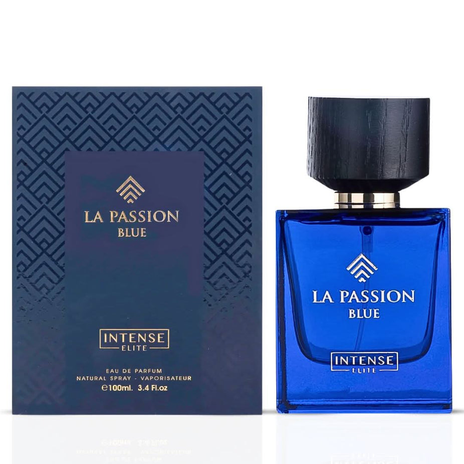 Bundle of 100ml Eau de Parfum sprays featuring Hawas Ice by Rasasi and La Passion Blue by Intense Elite, displayed together.