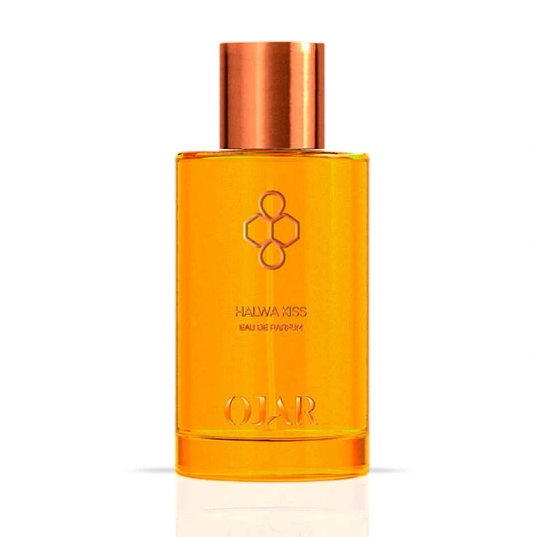 Ojar Halwa Kiss Eau De Parfum 100ml bottle with elegant packaging and floral design, showcasing the fragrance's luxurious appeal.