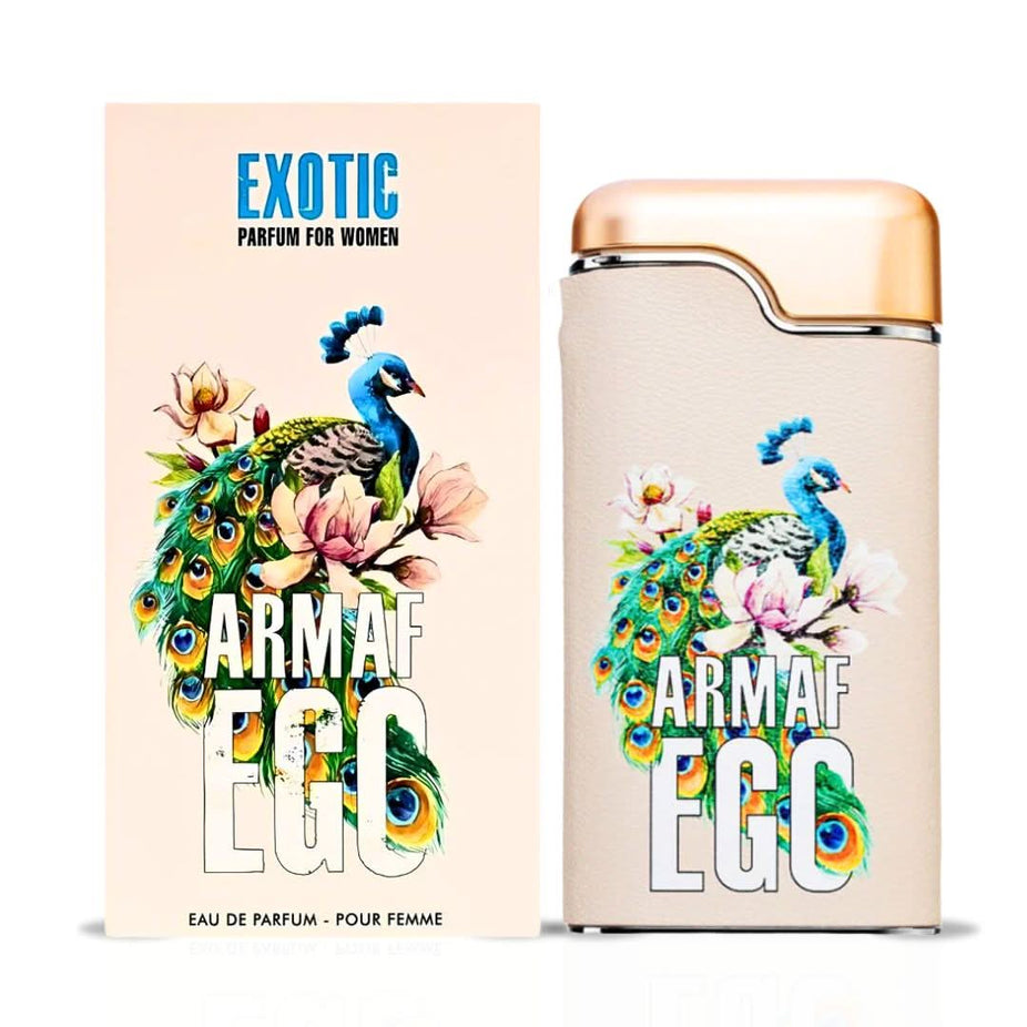 Bundle of Armaf Ego Tigre for Men and Ego Exotic for Women Eau de Parfum sprays, 100ml bottles with sleek packaging.