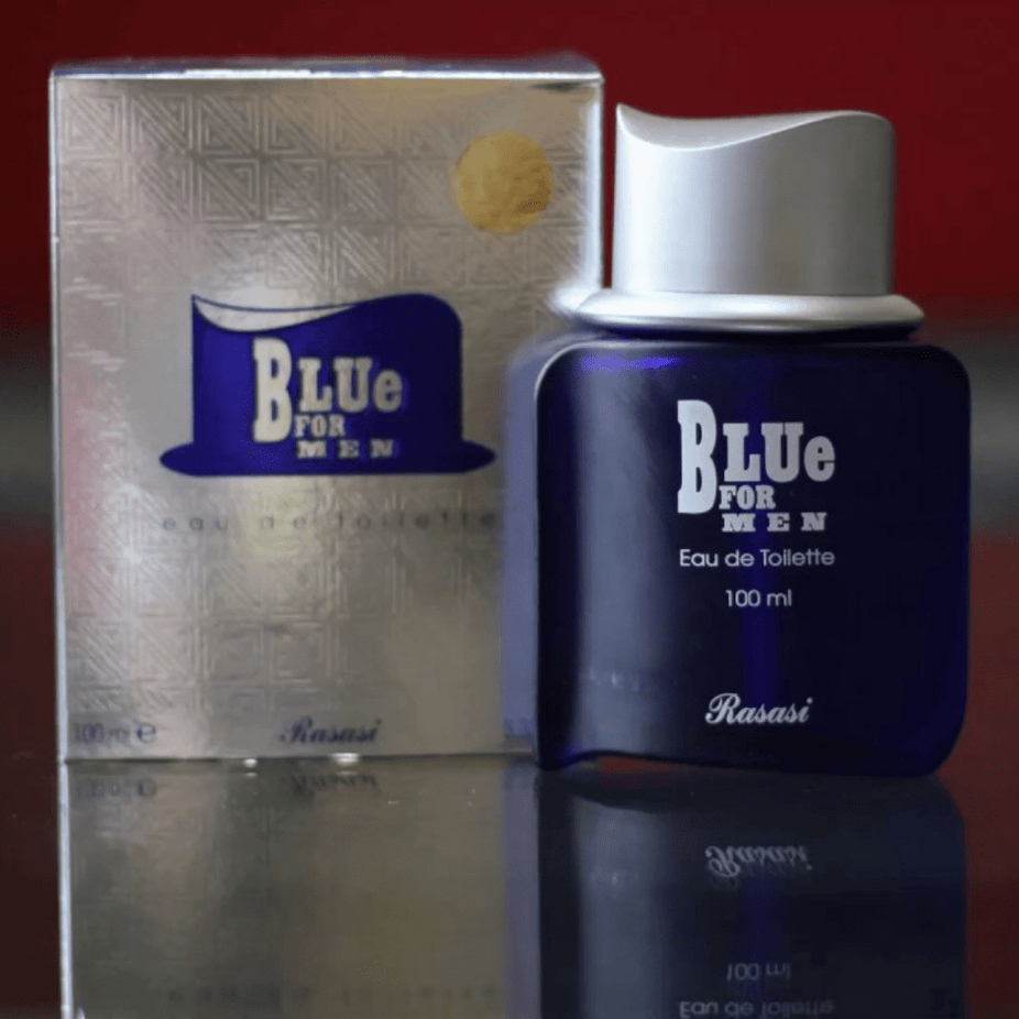 Blue for Men Eau De Toilette by Rasasi, 100ML bottle with sleek blue packaging and modern design.