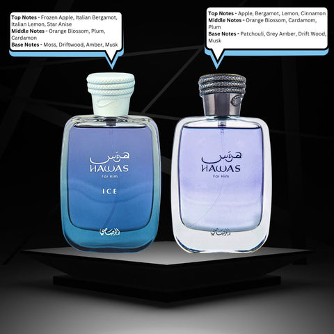 Rasasi Hawas & Hawas Ice - For Him EDP Sprays 100ML (3.4 OZ) by Rasasi | Long Lasting, Refreshing, Aquatic, Luxurious Masculine Scents. (Value Pack) - Intense Oud