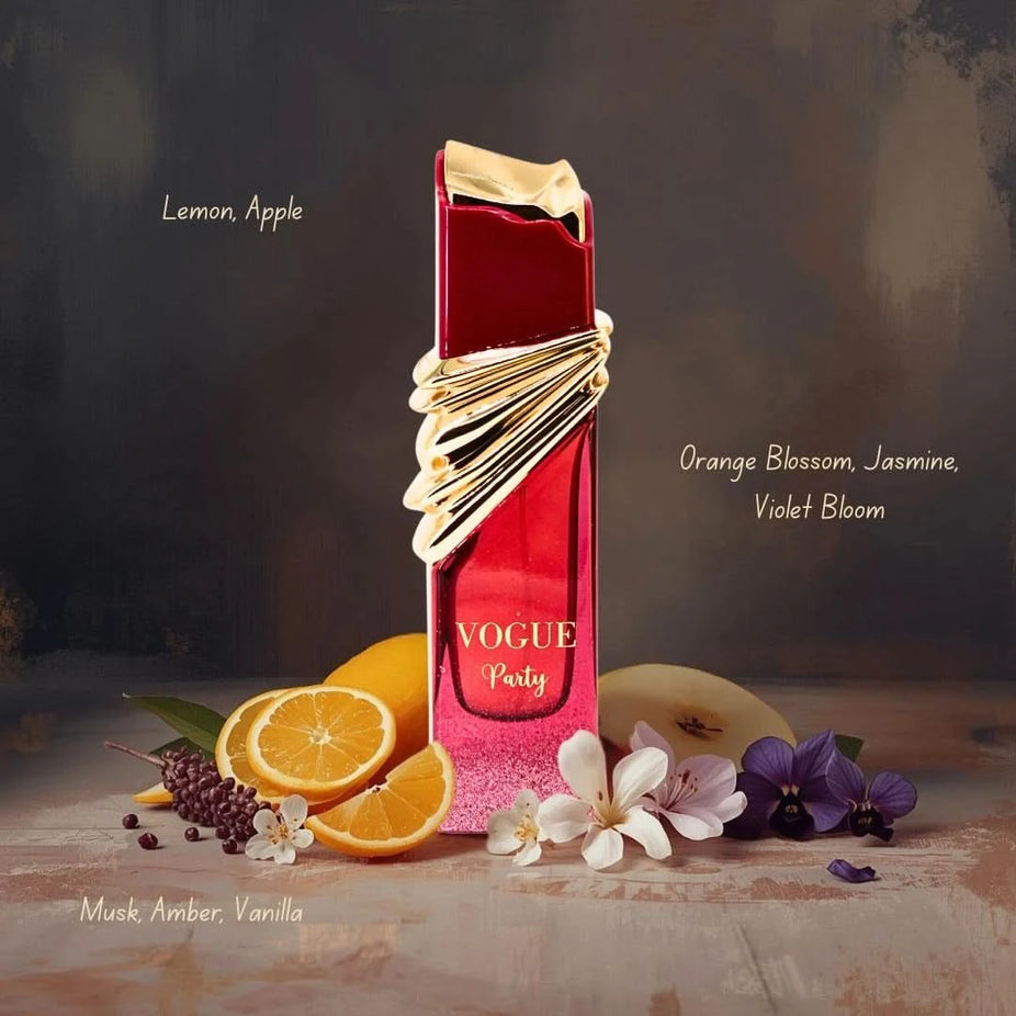 Bundle of four perfume products including Vogue Party, Al Ibdaa Gold, Shuhrah Sensuelle, and Rouje Perfume Oil by Intense Oud.