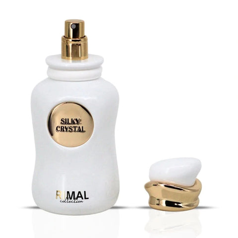 Silky Crystal Eau de Parfum spray 100ml by Rimal Collection, featuring elegant perfume bottle with a sleek design.