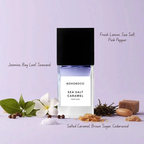 Bohoboco Sea Salt Caramel Eau de Parfum spray bottle, 50ml, with elegant packaging and caramel-colored liquid inside.