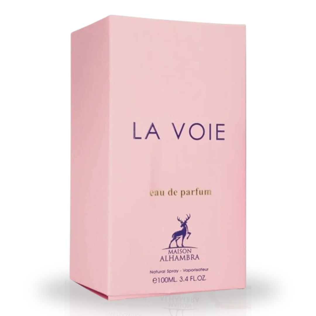Maison Alhambra La Voie Eau De Parfum spray bottle, 100ml, with elegant packaging and fragrance details visible.