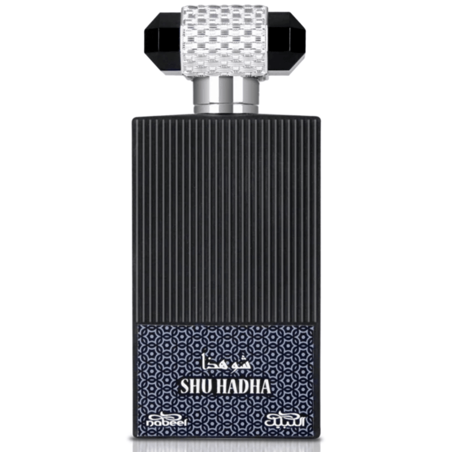Nabeel Shu Hadha Eau De Parfum 100ML bottle with velvet pouch, featuring elegant glass design and silver cap.