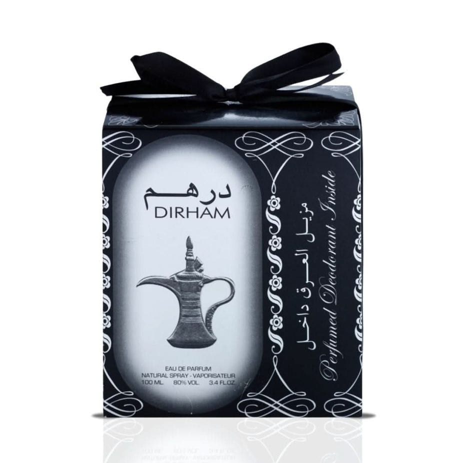 Ard Al Zaafaran Dirham Eau de Parfum spray 100ml and deodorant 50ml, showcasing elegant bottles and packaging.