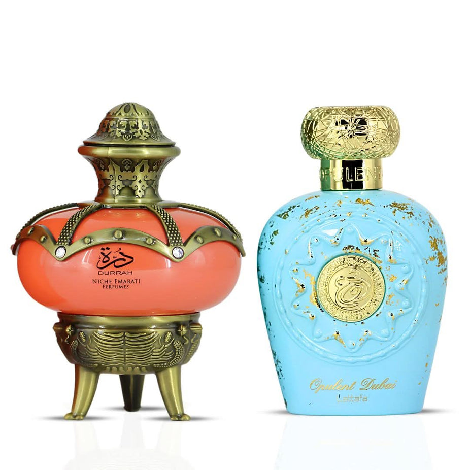 Lattafa Niche Emarati Durrah and Opulent Dubai Eau de Parfum spray bundle, 100ml bottles with elegant packaging.