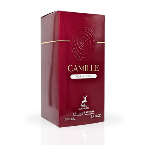 Maison Alhambra Camille for Women Eau de Parfum spray 100ml, elegant glass bottle with floral design, showcasing the perfume inside.