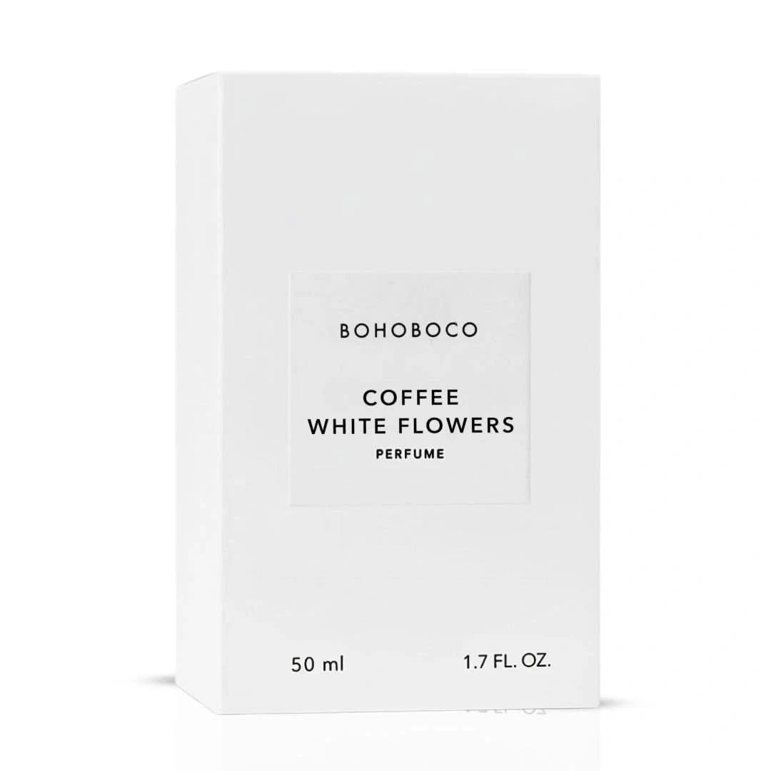 Bohoboco Coffee White Flowers Eau de Parfum spray bottle with floral design, 50ml, showcasing elegant packaging and branding.