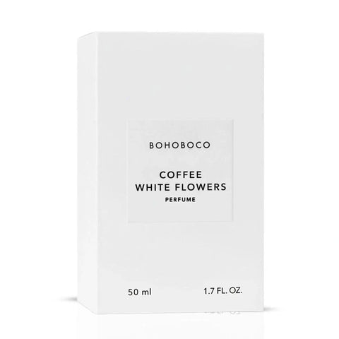 Bohoboco Coffee White Flowers Eau de Parfum spray bottle with floral design, 50ml, showcasing elegant packaging and branding.