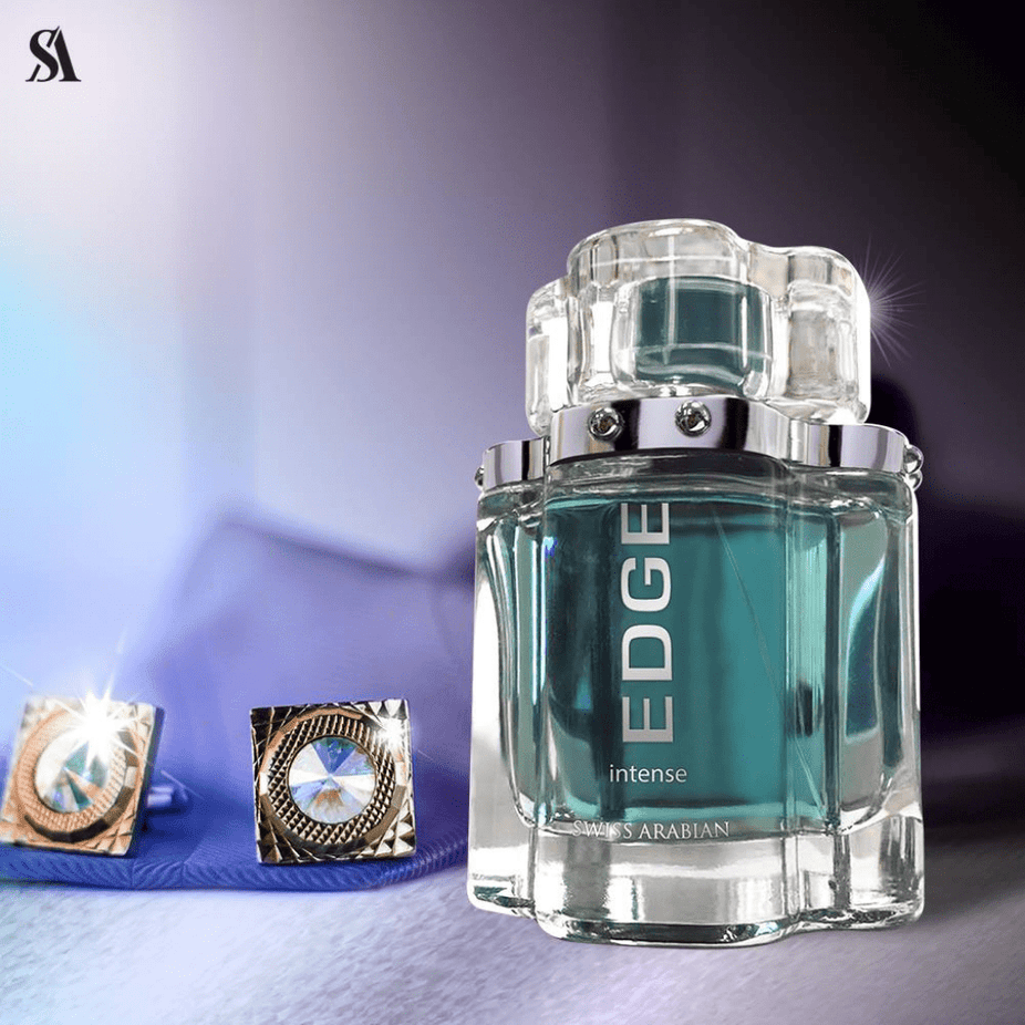 Swiss Arabian Edge Intense for Men EDT bottle, 100ml, with sleek design and clear label, showcasing a modern men's fragrance.