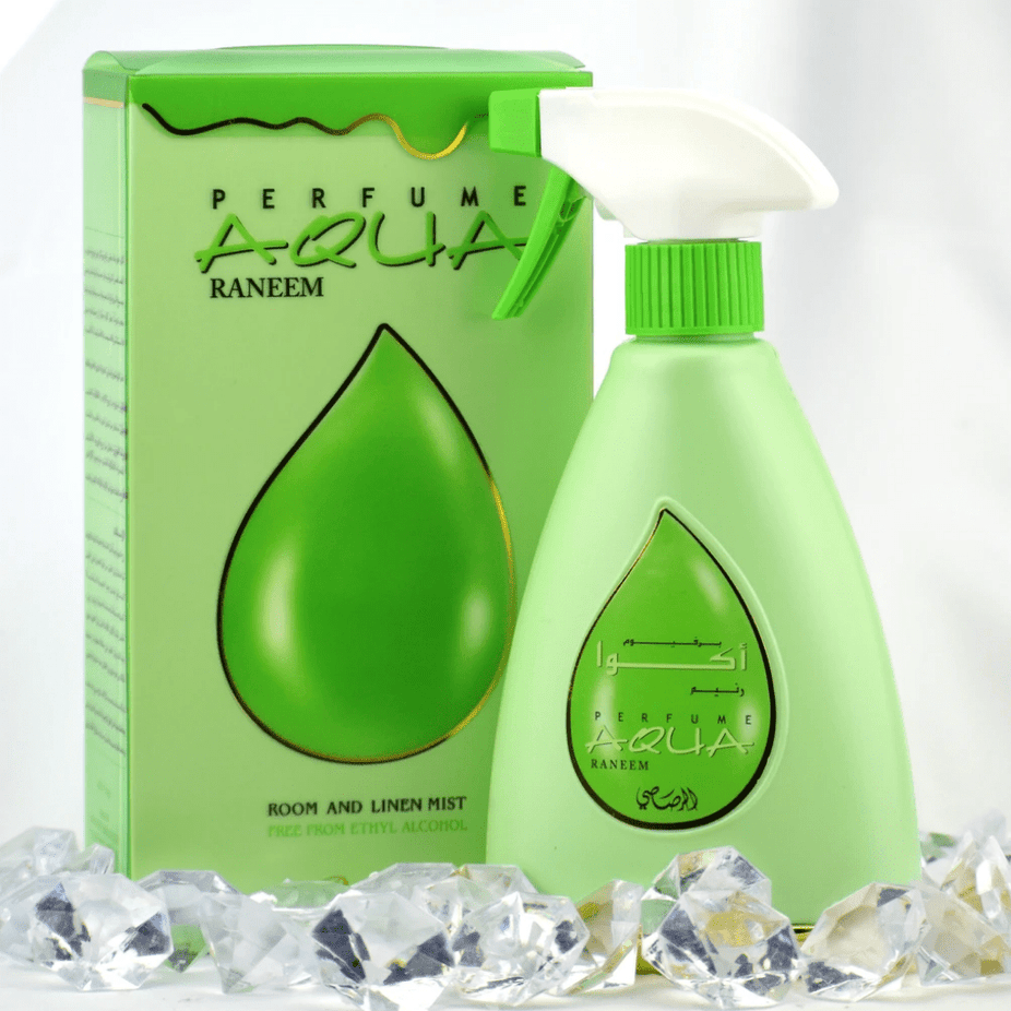 Rasasi Aqua Raneem air freshener 375ml bottle with floral and fresh scent, designed to enhance home or car ambiance.