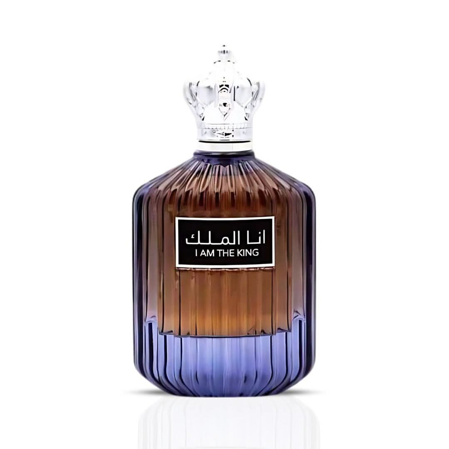 Ard Al Zaafaran I Am the King EDP for Men 100mL bottle, featuring sleek design and dark fragrance liquid in transparent glass.