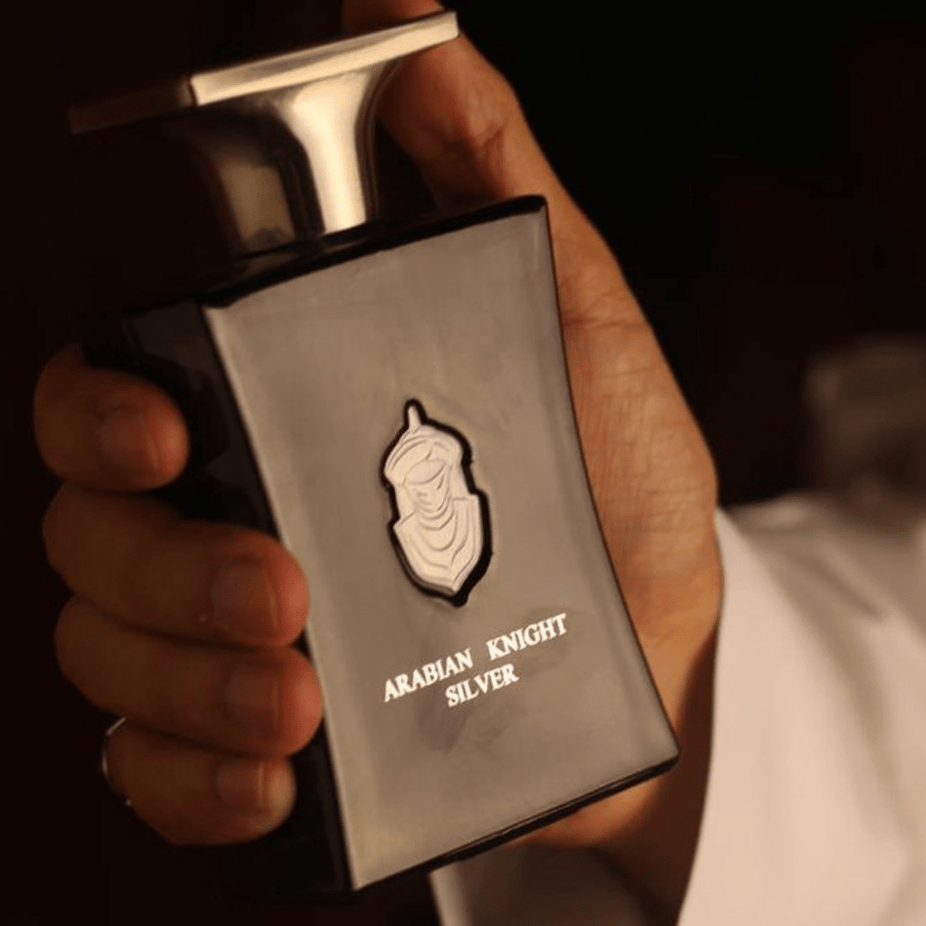 Arabian Oud Arabian Knight Silver EDP perfume bottle with sleek design, 100ML (3.4oz) Eau de Parfum for men.