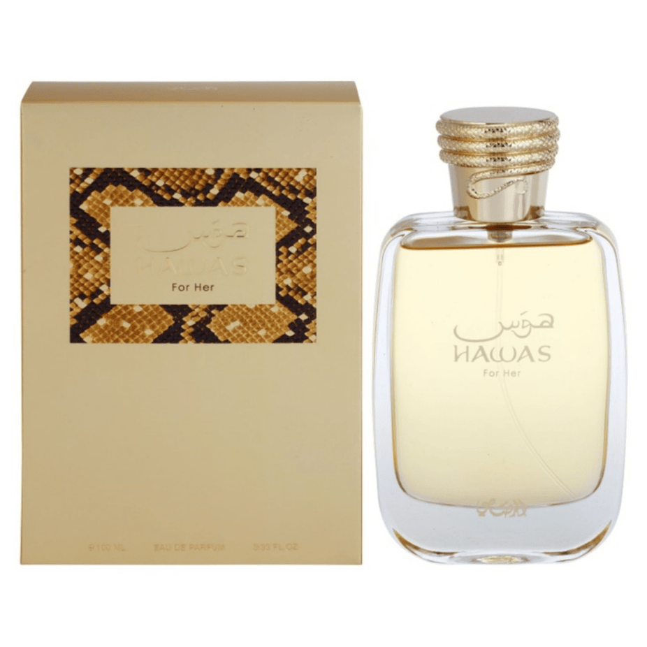Hawas for Her Eau de Parfum spray bottle by Rasasi, 100ml, featuring elegant packaging and the perfume's sleek design.
