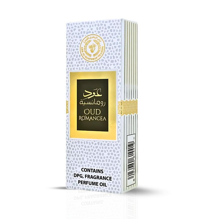 Three 10ml bottles of Oud Romancea concentrated perfume oil by Ard Al Zaafaran, featuring elegant glass bottles with floral accents.