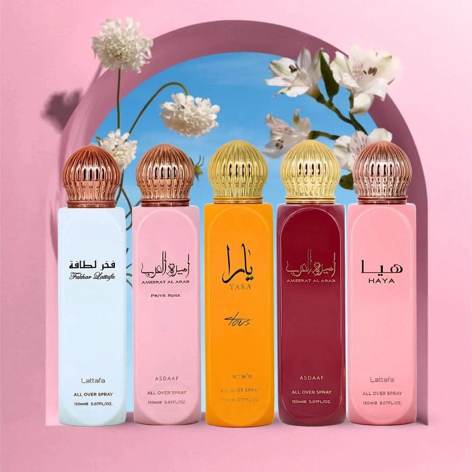 Lattafa Ameerat Al Arab bundle featuring Yara Tous, Haya, and Fakhar women’s all-over sprays in 150ml bottles.