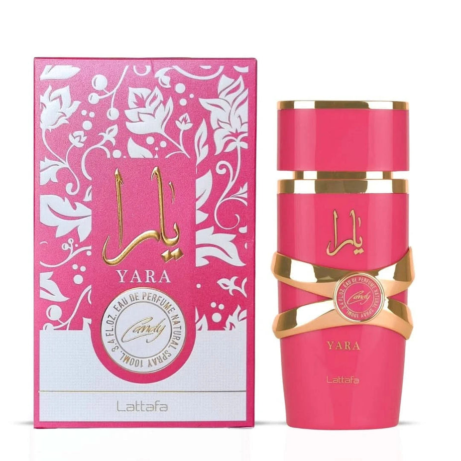 Bundle of three 100ml Intense Oud Eau de Parfum sprays featuring Yara Candy by Lattafa, Odyssey Candee by Armaf, and Candelicious by Risala.