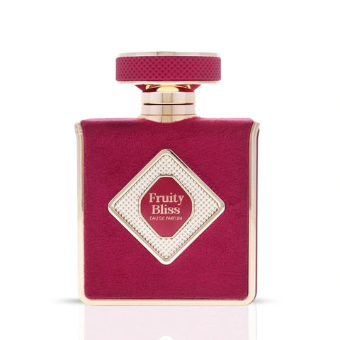 RISALA Fruity Bliss Eau de Parfum Spray 100ml with velvet pouch, featuring vibrant fruit-inspired scent in a sleek bottle.