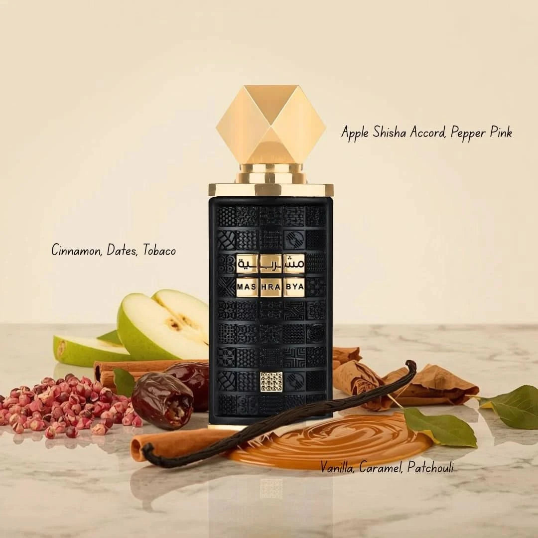Lattafa Angham & Mashrabya Eau de Parfum spray bundle displayed in 100ml bottles with elegant packaging.