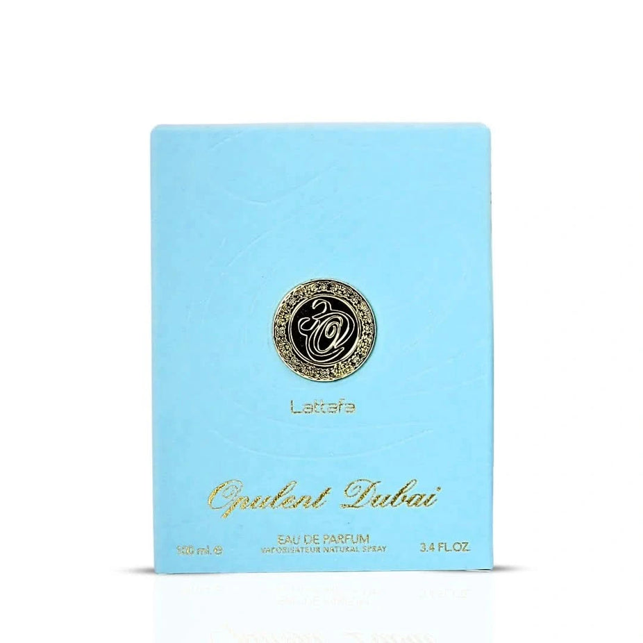 Lattafa Opulent Dubai Eau de Parfum spray 100ml bottle, elegant design, showcasing the luxurious fragrance and branding details.