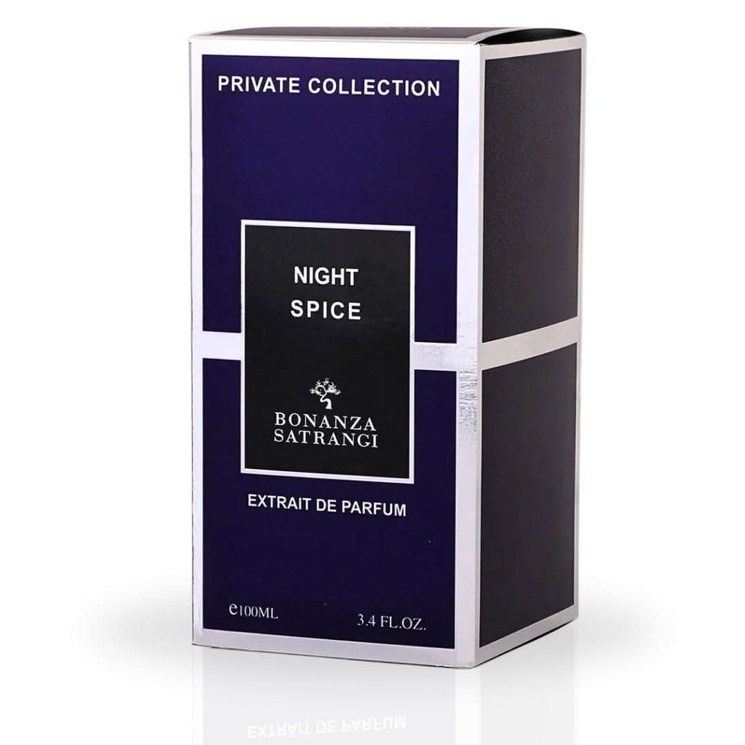 Bonanza Satrangi Night Spice EDP spray 100ML with amber, musky, woody scent, showcasing luxurious, long-lasting fragrance bottle.