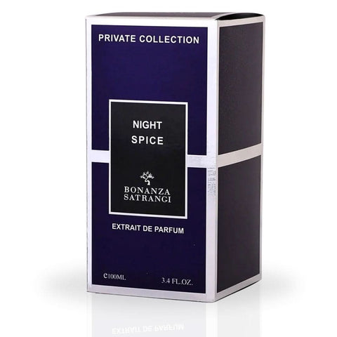 Bonanza Satrangi Night Spice EDP spray 100ML with amber, musky, woody scent, showcasing luxurious, long-lasting fragrance bottle.