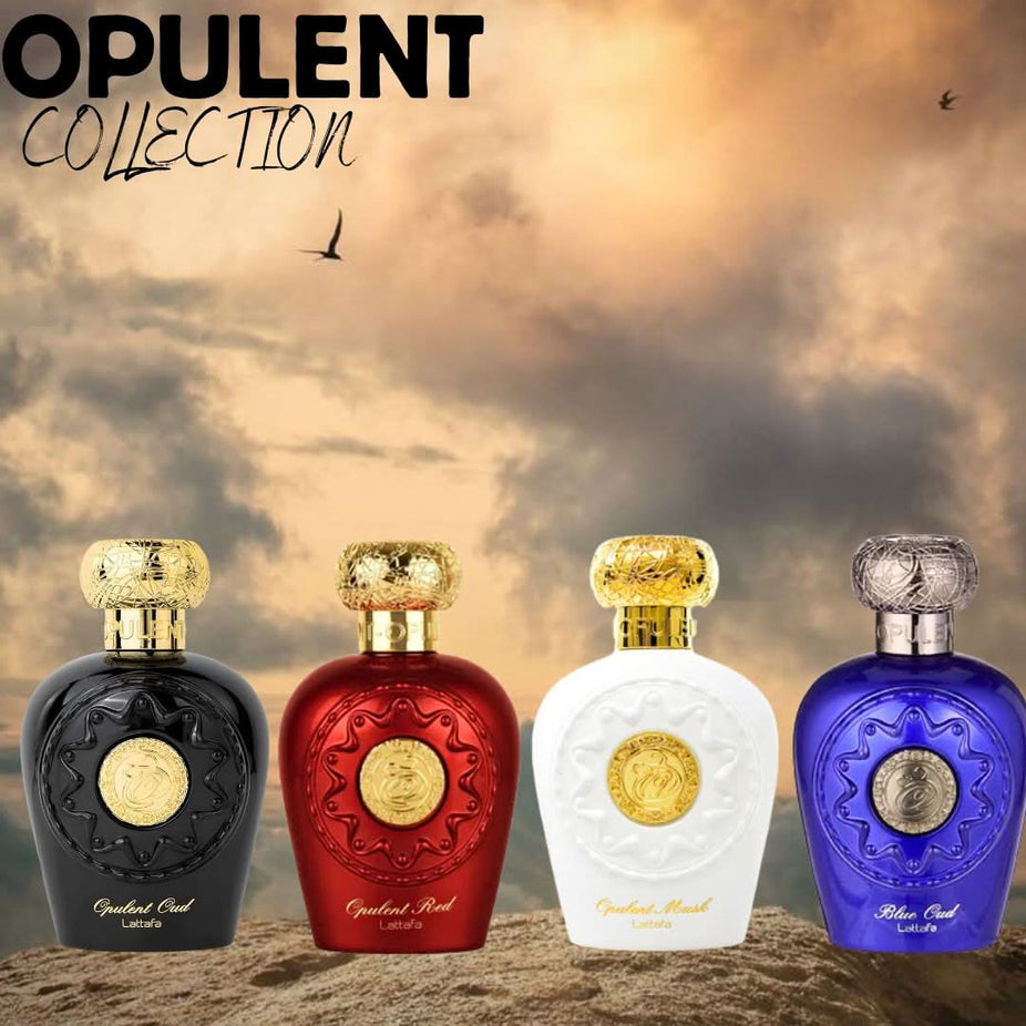Lattafa Opulent Oud, Musk, and Red & Blue Oud Eau de Parfum sprays, 100ml bottles, with elegant packaging and vibrant bottle designs.