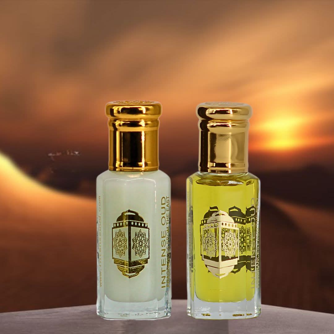 Intense Oud Boss for Men & Musk Tahara perfume oils bundle in 12ml bottles with black gift box, featuring luxurious fragrance packaging.
