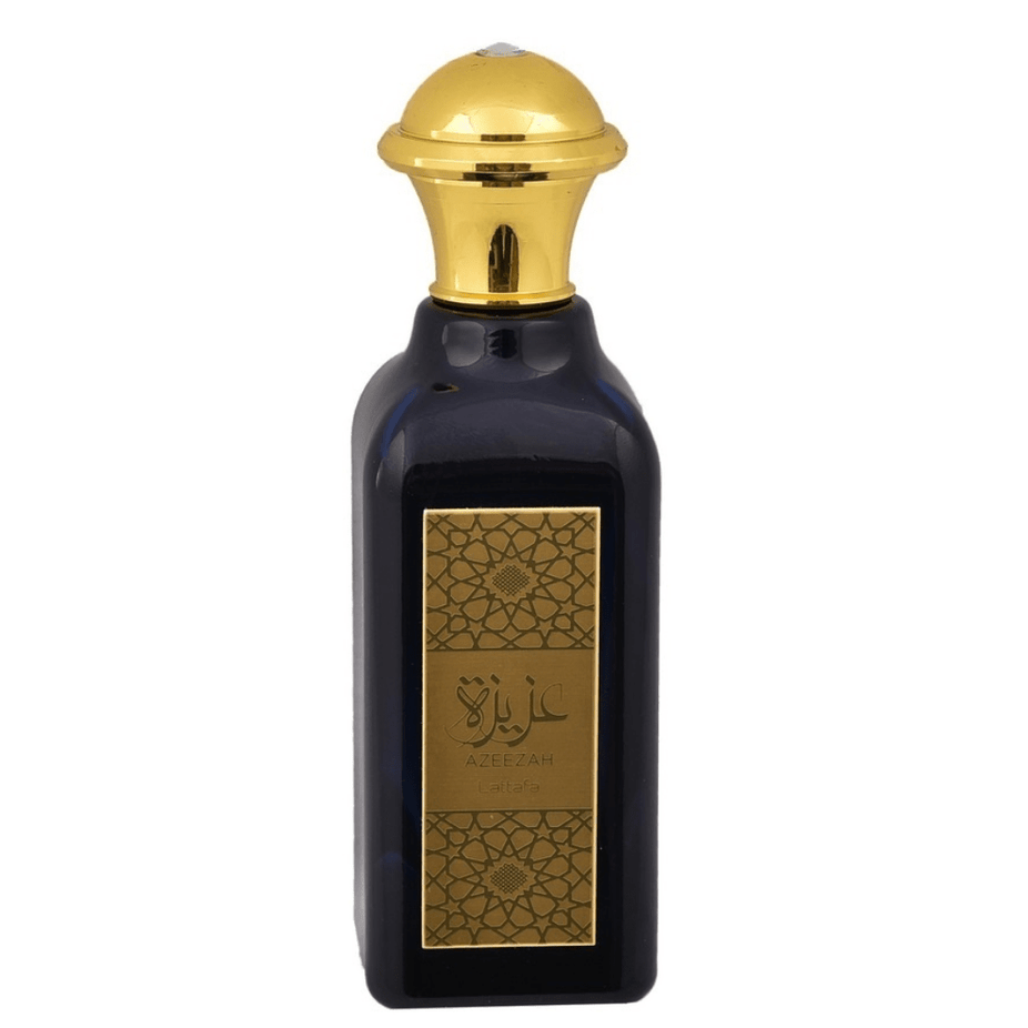 Azeezah Eau De Parfum by Lattafa, 100ml bottle, elegant glass container with gold accents, showcasing the luxurious fragrance.