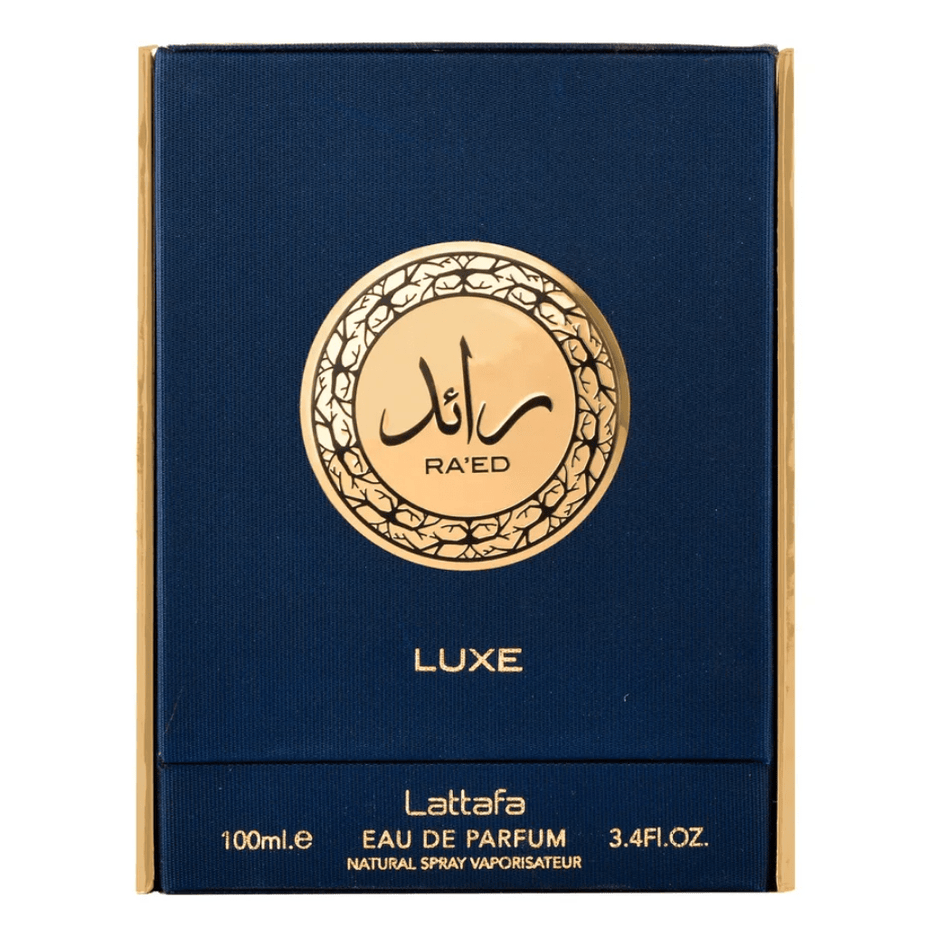 Lattafa Ra'ed Gold Luxe Eau De Parfum 100ML bottle with gold accents and elegant packaging, showcasing luxury fragrance design.
