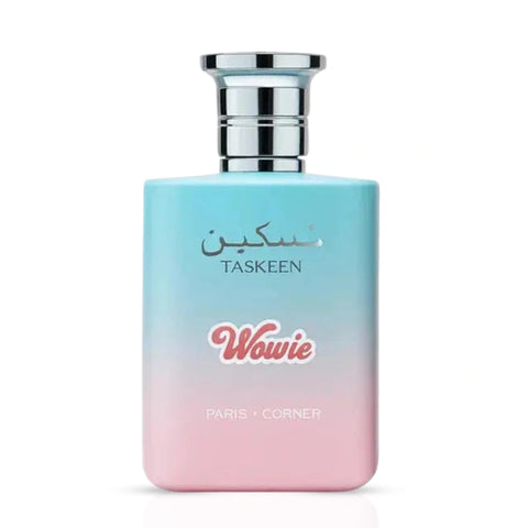 Taskeen Wowie Eau de Parfum spray by Paris Corner, 100ml, with elegant bottle and floral fragrance details.