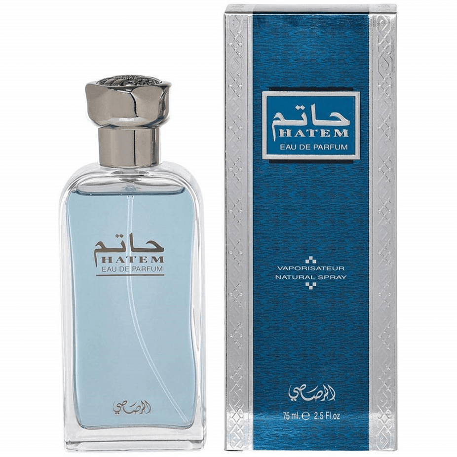 Rasasi Hatem for Men Eau De Parfum 75ml bottle with black cap and elegant label, showcasing a sleek, masculine fragrance design.